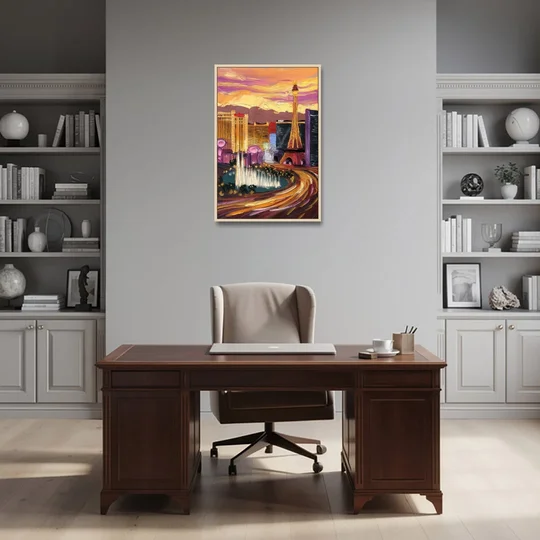 Las Vegas Skyline at Sunset - Oak Framed Canvas Wall Art - Office - 24x36