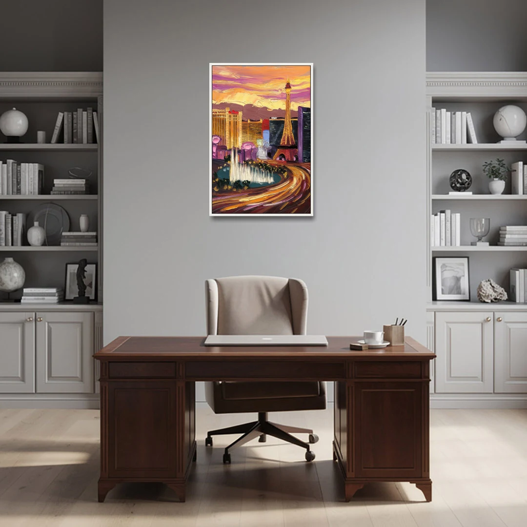 Las Vegas Skyline at Sunset - White Framed Canvas Wall Art - Office - 24x36