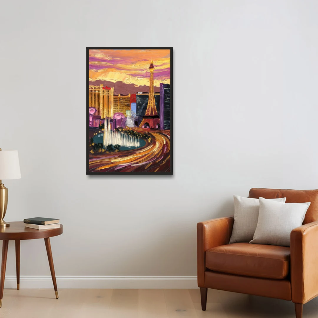 Las Vegas Skyline at Sunset - Black Framed Canvas Wall Art - Sofa - 24x36