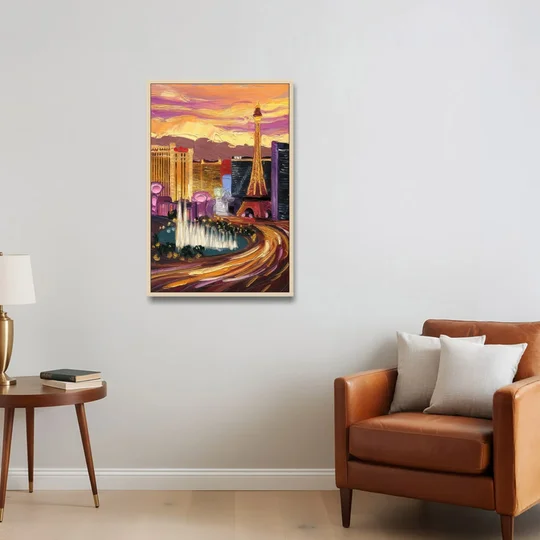 Las Vegas Skyline at Sunset - Oak Framed Canvas Wall Art - Sofa - 24x36
