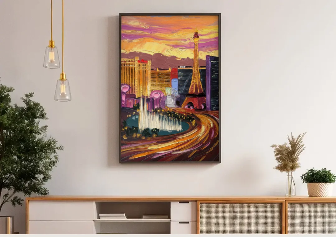 Las Vegas Skyline at Sunset canvas wall art above a wooden sideboard under pendant lights