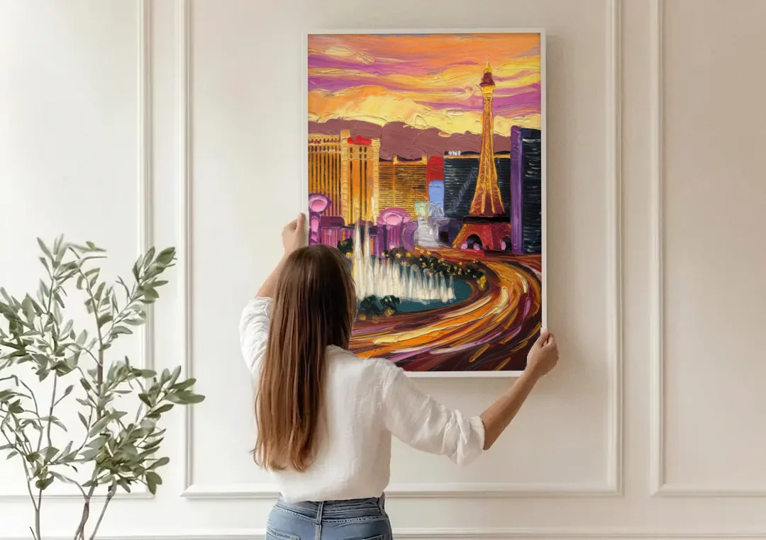 Las Vegas Skyline at Sunset canvas wall art being hung on a paneled wall