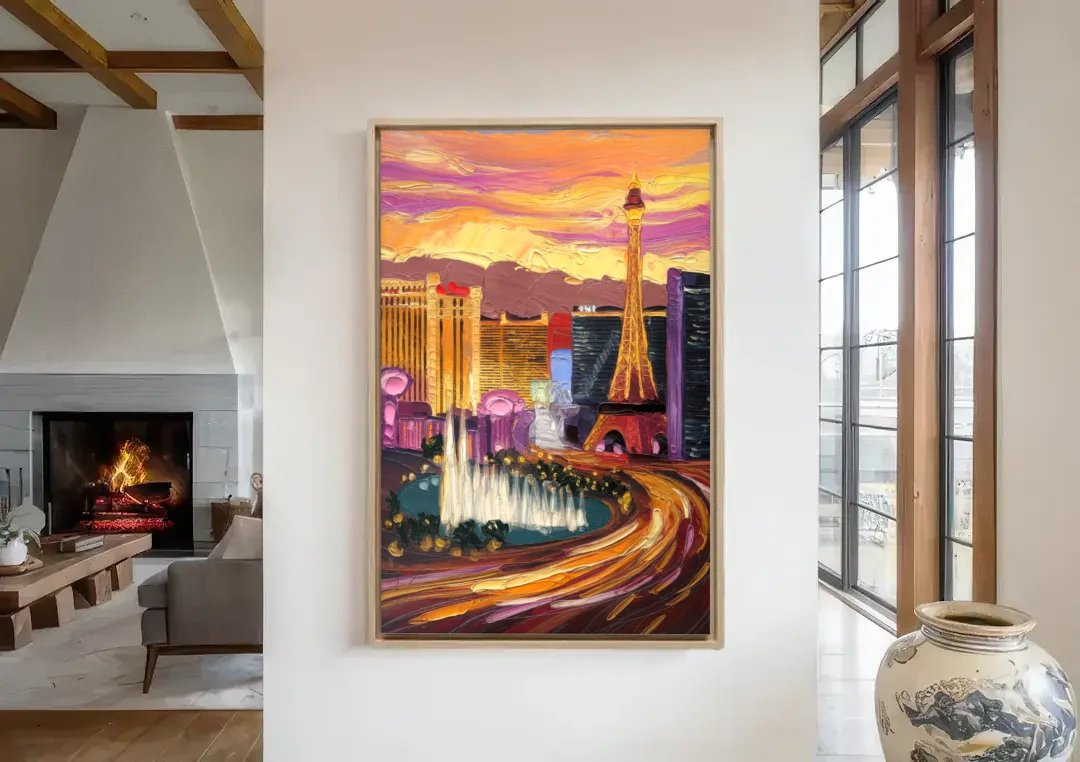 Las Vegas Skyline at Sunset canvas wall art in a living room with a fireplace