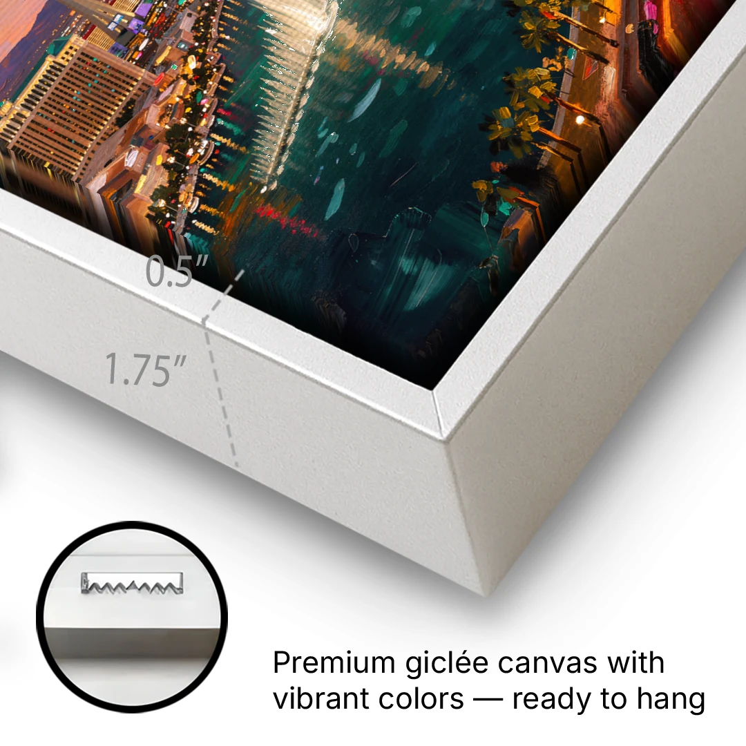 Las Vegas Skyline Panorama - White Framed Canvas Wall Art - Gallery Wrap Corner