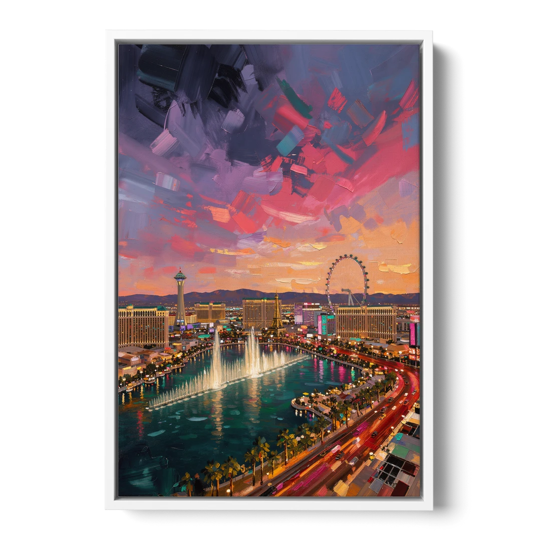 Las Vegas Skyline Panorama - White Framed Canvas Wall Art - Front