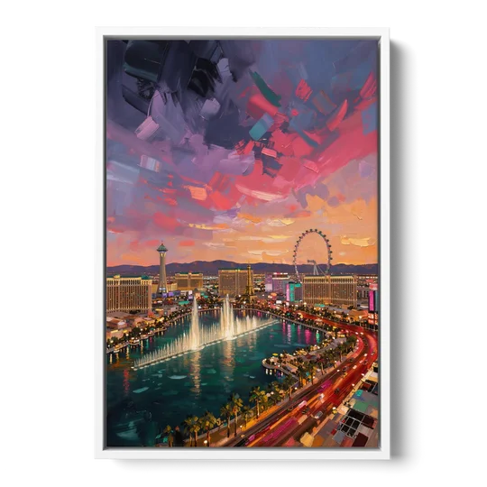 Las Vegas Skyline Panorama - White Framed Canvas Wall Art - Front