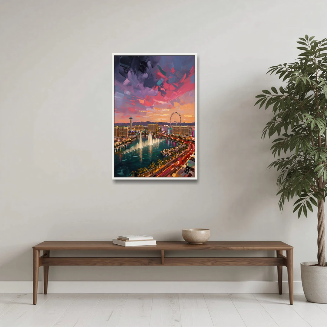 Las Vegas Skyline Panorama - White Framed Canvas Wall Art - Coffee Table - 24x36