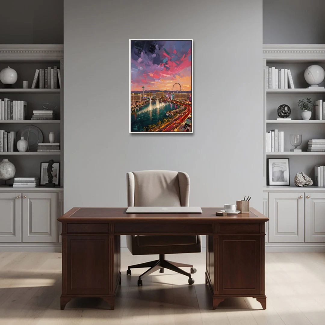 Las Vegas Skyline Panorama - White Framed Canvas Wall Art - Office - 24x36