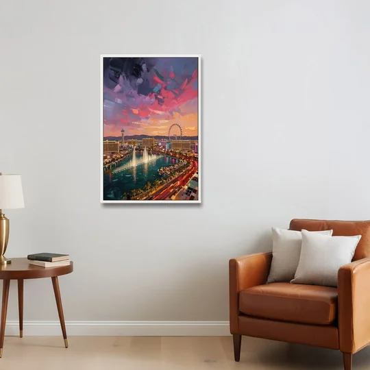 Las Vegas Skyline Panorama - White Framed Canvas Wall Art - Sofa - 24x36