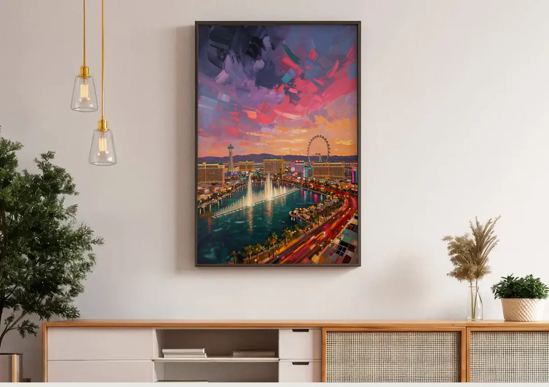 Las Vegas Skyline Panorama canvas wall art above a wooden sideboard under pendant lights