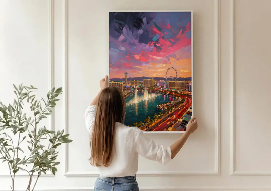 Las Vegas Skyline Panorama canvas wall art being hung on a paneled wall