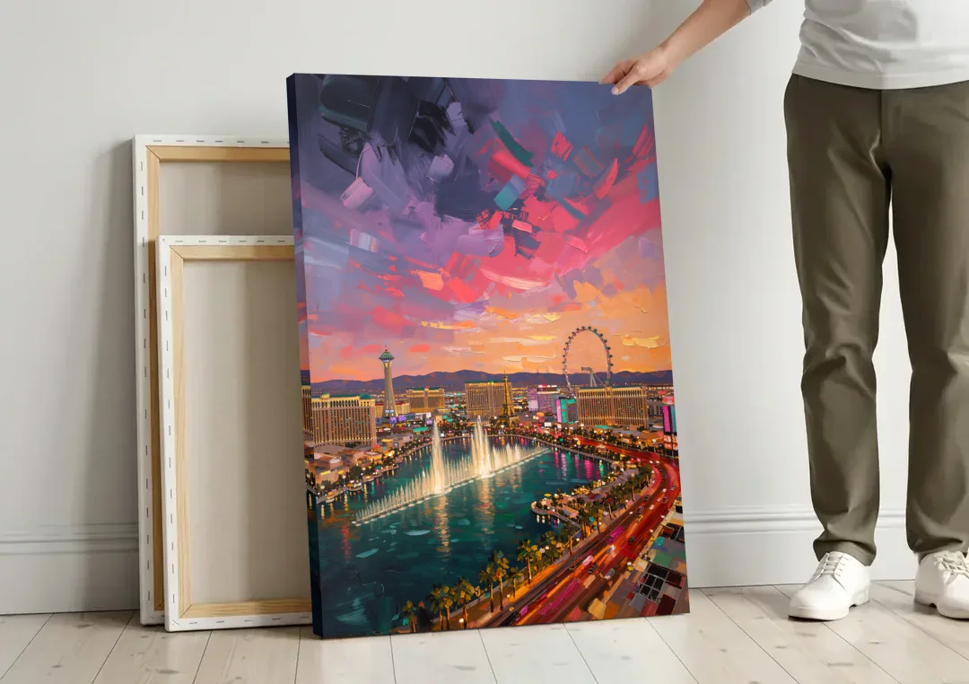 Las Vegas Skyline Panorama canvas wall art leaning against a wall next to blank canvases