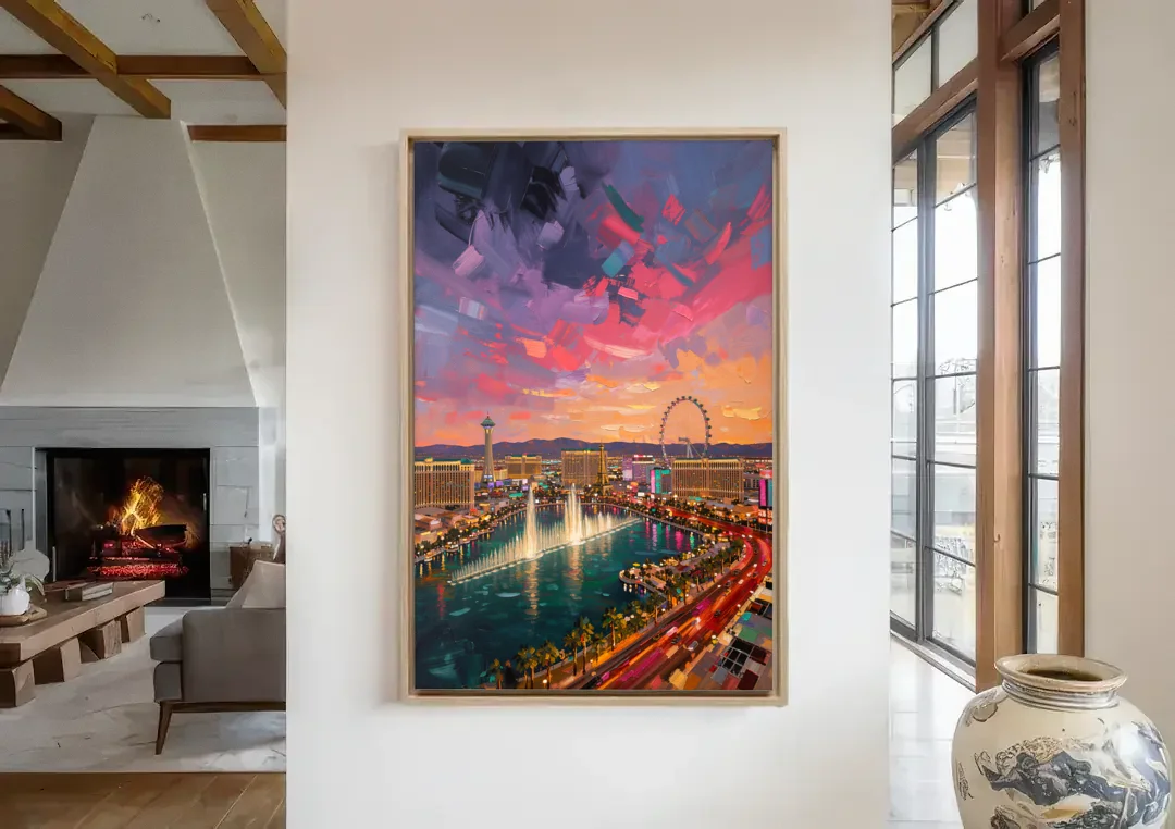 Las Vegas Skyline Panorama canvas wall art in a living room with a fireplace