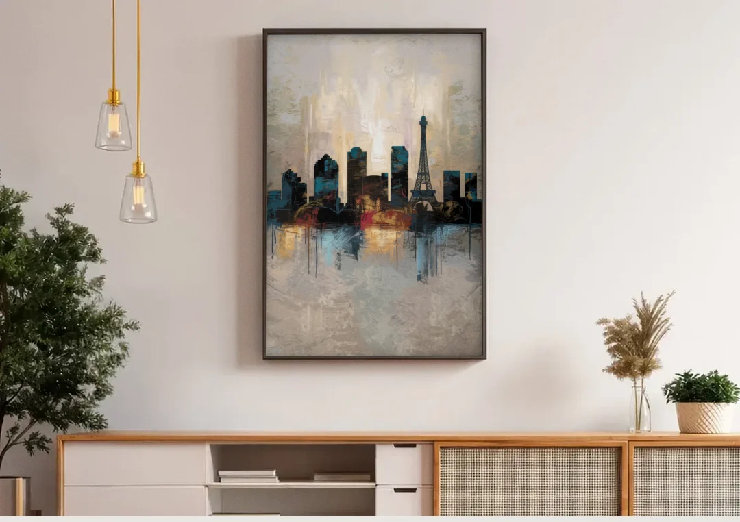 Las Vegas Skyline Silhouette canvas wall art above a wooden sideboard under pendant lights
