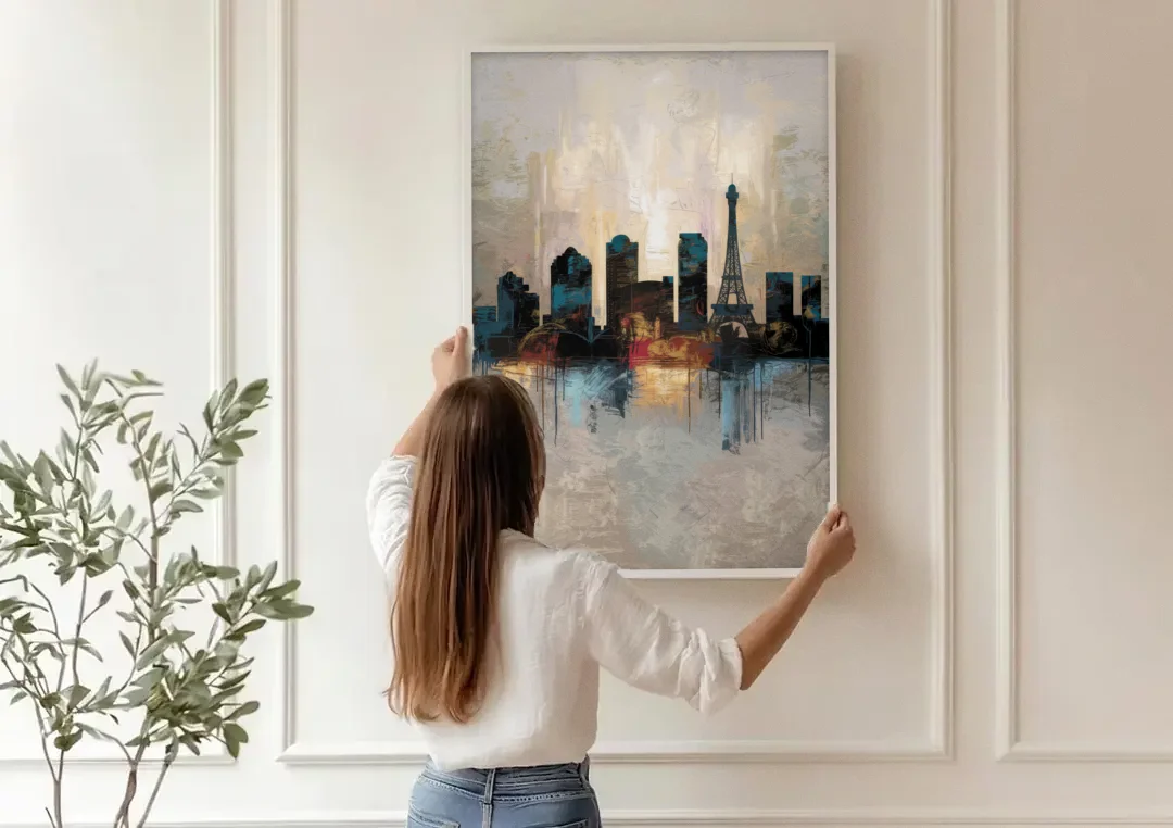 Las Vegas Skyline Silhouette canvas wall art being hung on a paneled wall