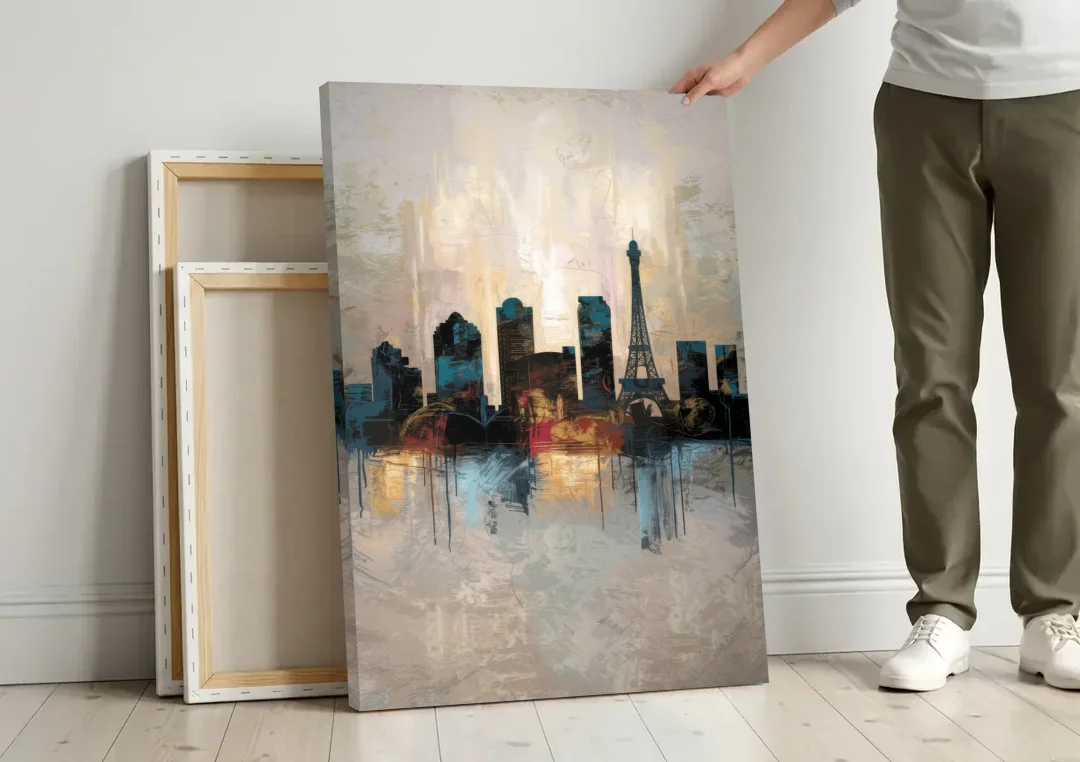 Las Vegas Skyline Silhouette canvas wall art leaning against a wall next to blank canvases