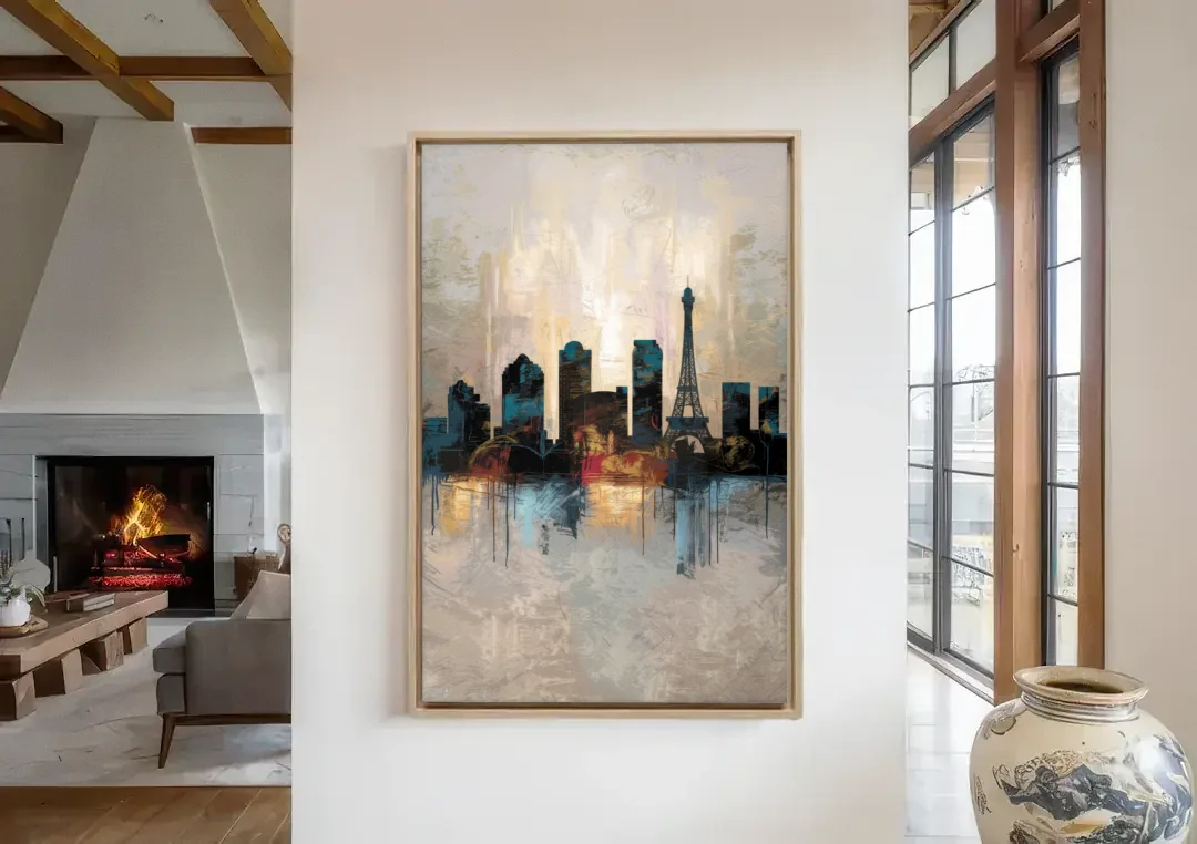 Las Vegas Skyline Silhouette canvas wall art in a living room with a fireplace