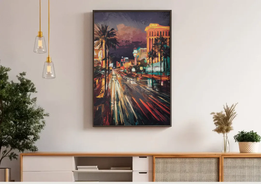 Las Vegas Strip Lights canvas wall art above a wooden sideboard under pendant lights