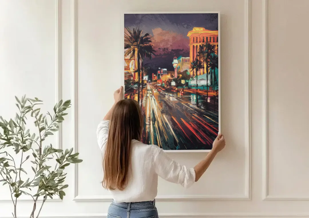 Las Vegas Strip Lights canvas wall art being hung on a paneled wall
