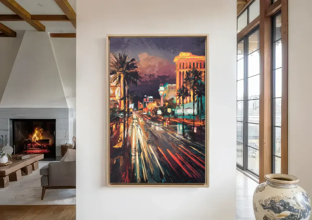 Las Vegas Strip Lights canvas wall art in a living room with a fireplace