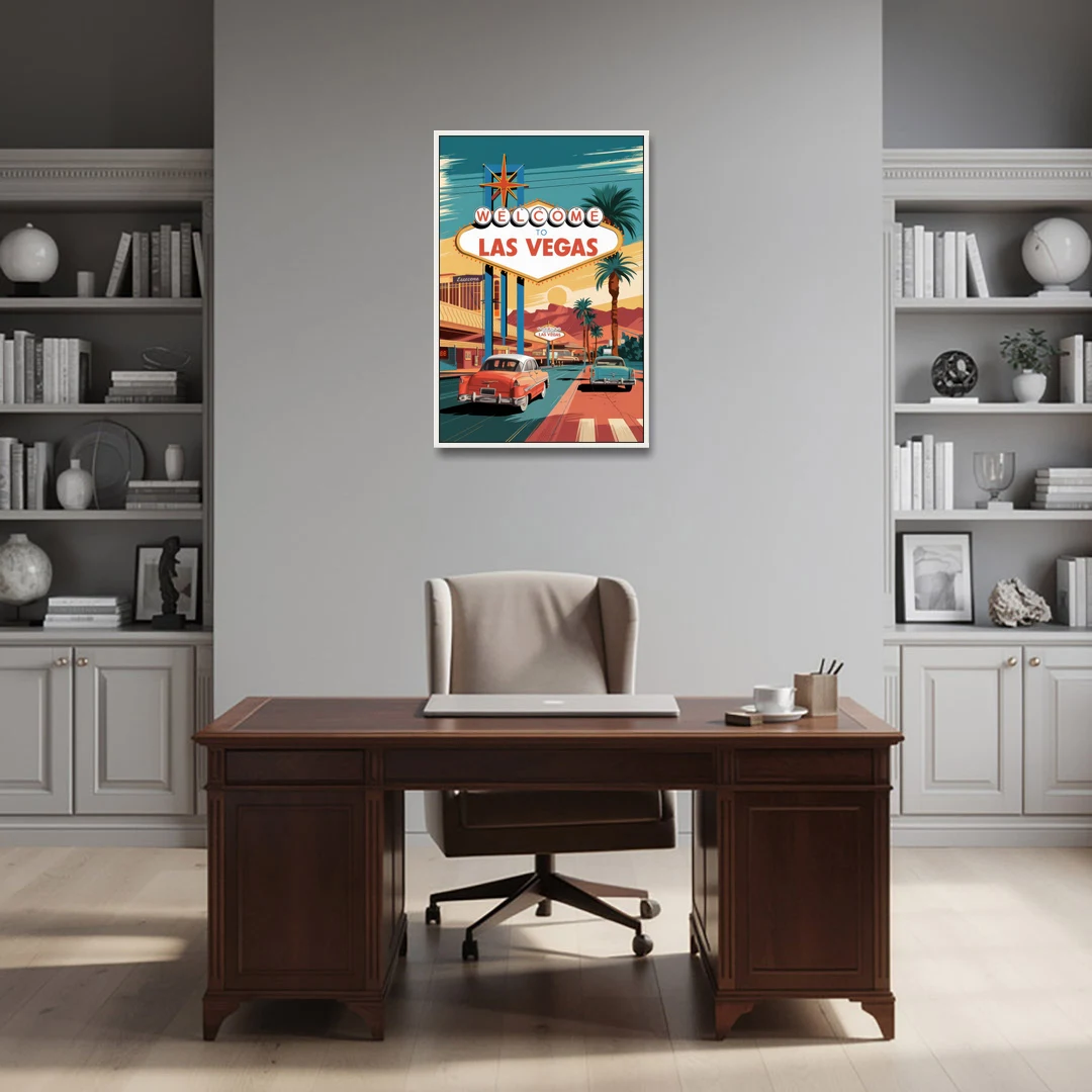 Las Vegas Vintage Vibes - White Framed Canvas Wall Art - Office - 24x36