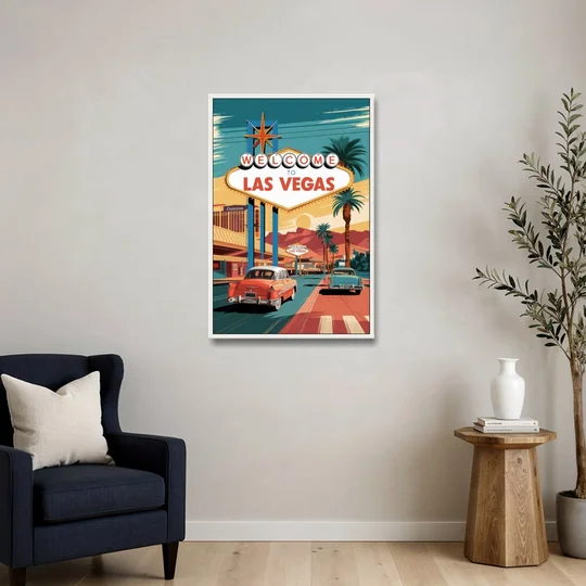 Las Vegas Vintage Vibes - White Framed Canvas Wall Art - Sofa - 24x36