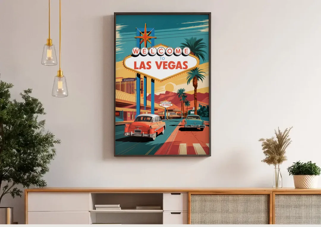 Las Vegas Vintage Vibes canvas wall art above a wooden sideboard under pendant lights