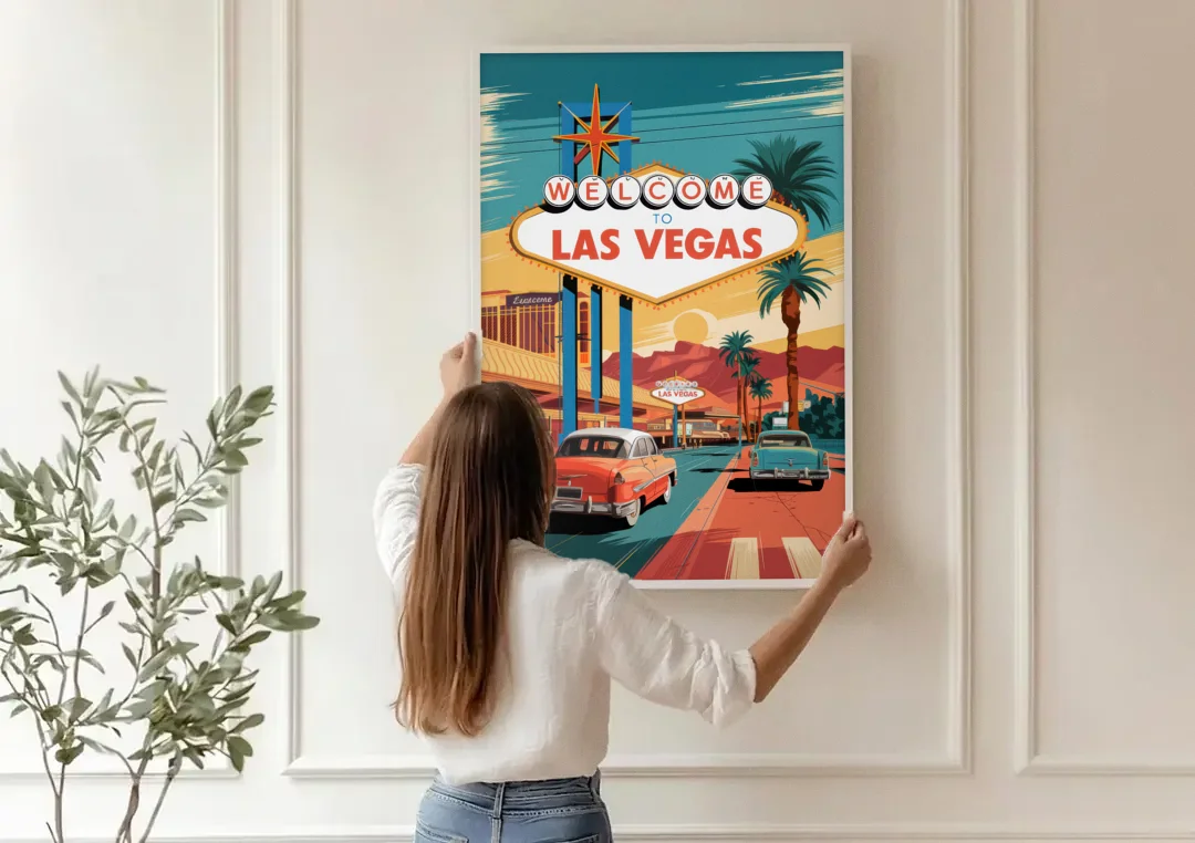Las Vegas Vintage Vibes canvas wall art being hung on a paneled wall