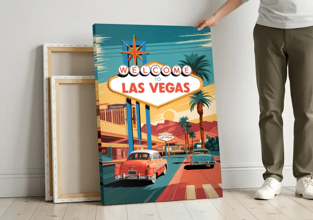 Las Vegas Vintage Vibes canvas wall art leaning against a wall next to blank canvases