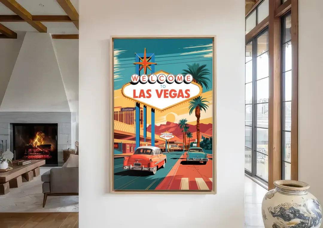 Las Vegas Vintage Vibes canvas wall art in a living room with a fireplace