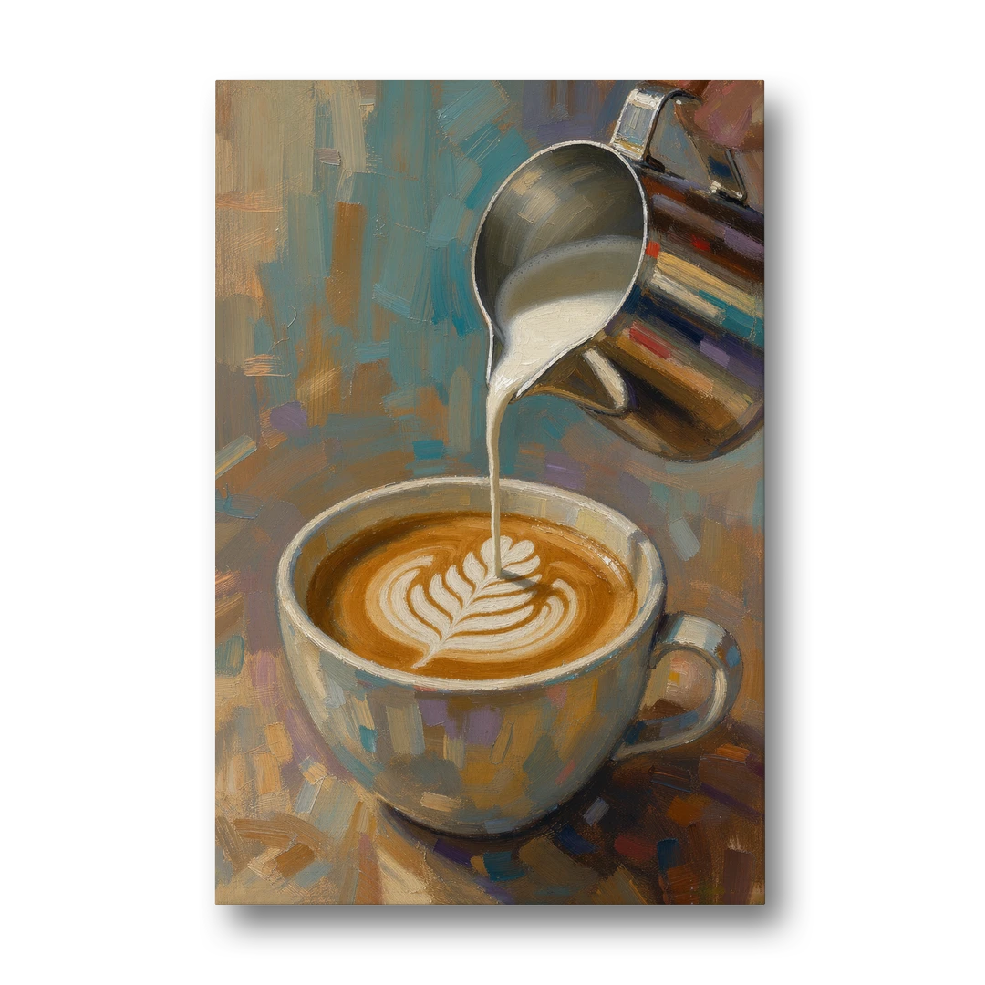 Latte Rosetta Pour from a Steel Pitcher - Canvas Wall Art - Front