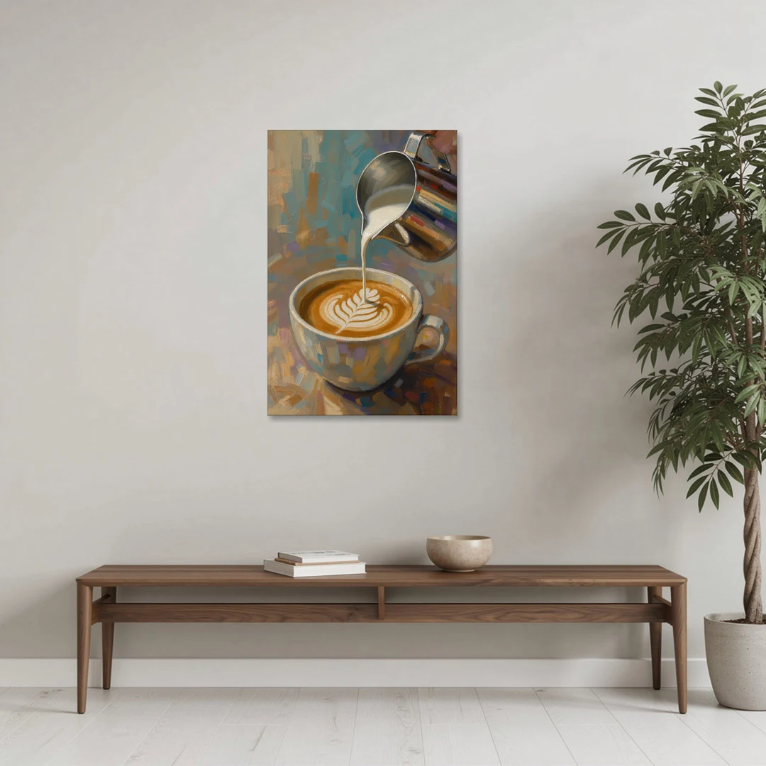 Latte Rosetta Pour from a Steel Pitcher - Canvas Wall Art - Coffee Table - 24x36
