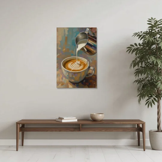 Latte Rosetta Pour from a Steel Pitcher - Canvas Wall Art - Coffee Table - 24x36