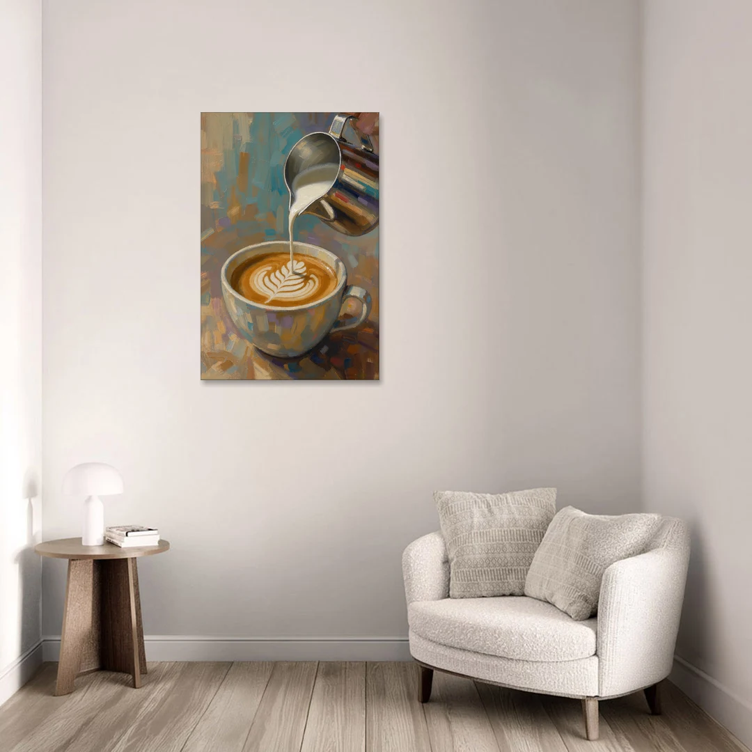 Latte Rosetta Pour from a Steel Pitcher - Canvas Wall Art - Sofa - 24x36