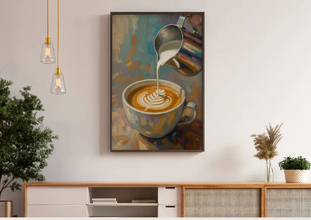 Latte Rosetta Pour from a Steel Pitcher canvas wall art above a wooden sideboard under pendant lights