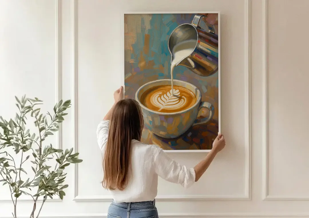Latte Rosetta Pour from a Steel Pitcher canvas wall art being hung on a paneled wall