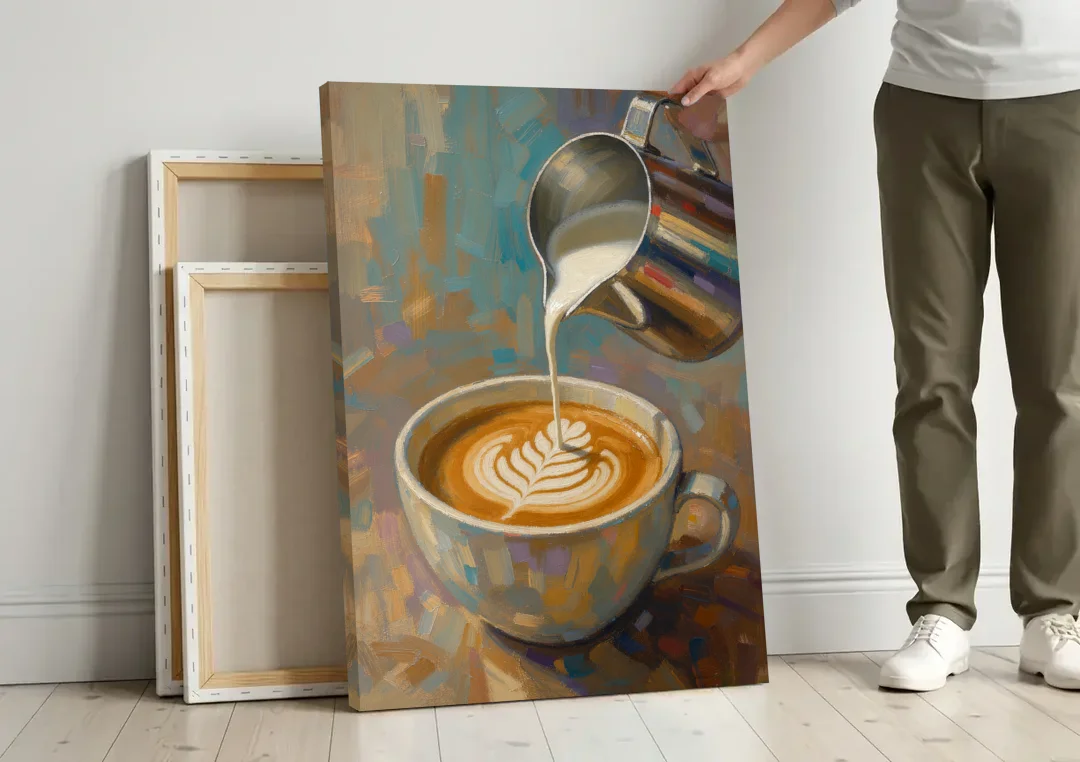 Latte Rosetta Pour from a Steel Pitcher canvas wall art leaning against a wall next to blank canvases