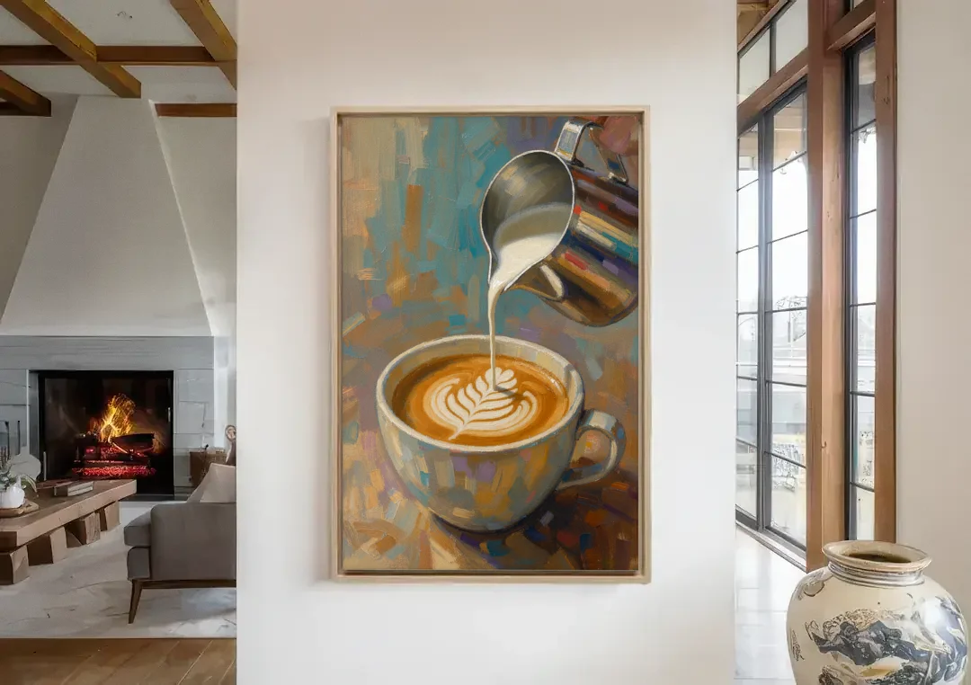 Latte Rosetta Pour from a Steel Pitcher canvas wall art in a living room with a fireplace