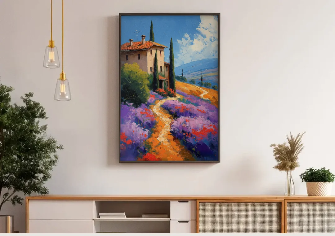 Lavender Painting of a Tuscan Farm Path canvas wall art above a wooden sideboard under pendant lights
