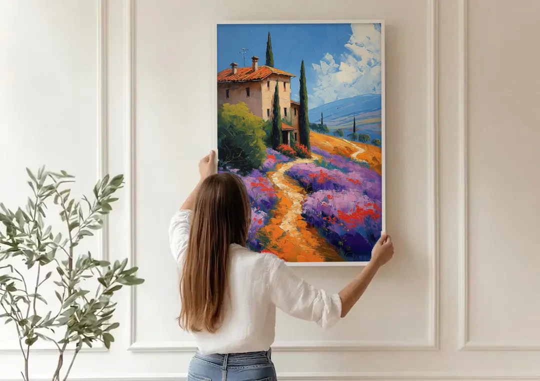 Lavender Painting of a Tuscan Farm Path canvas wall art being hung on a paneled wall