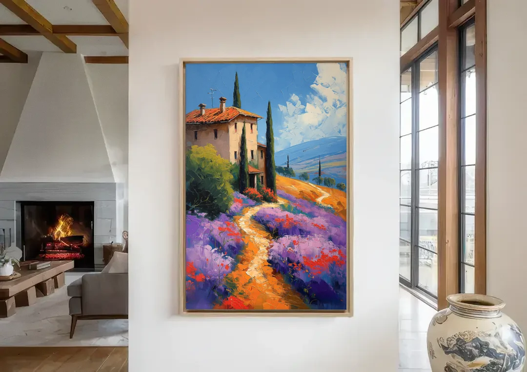 Lavender Painting of a Tuscan Farm Path canvas wall art in a living room with a fireplace