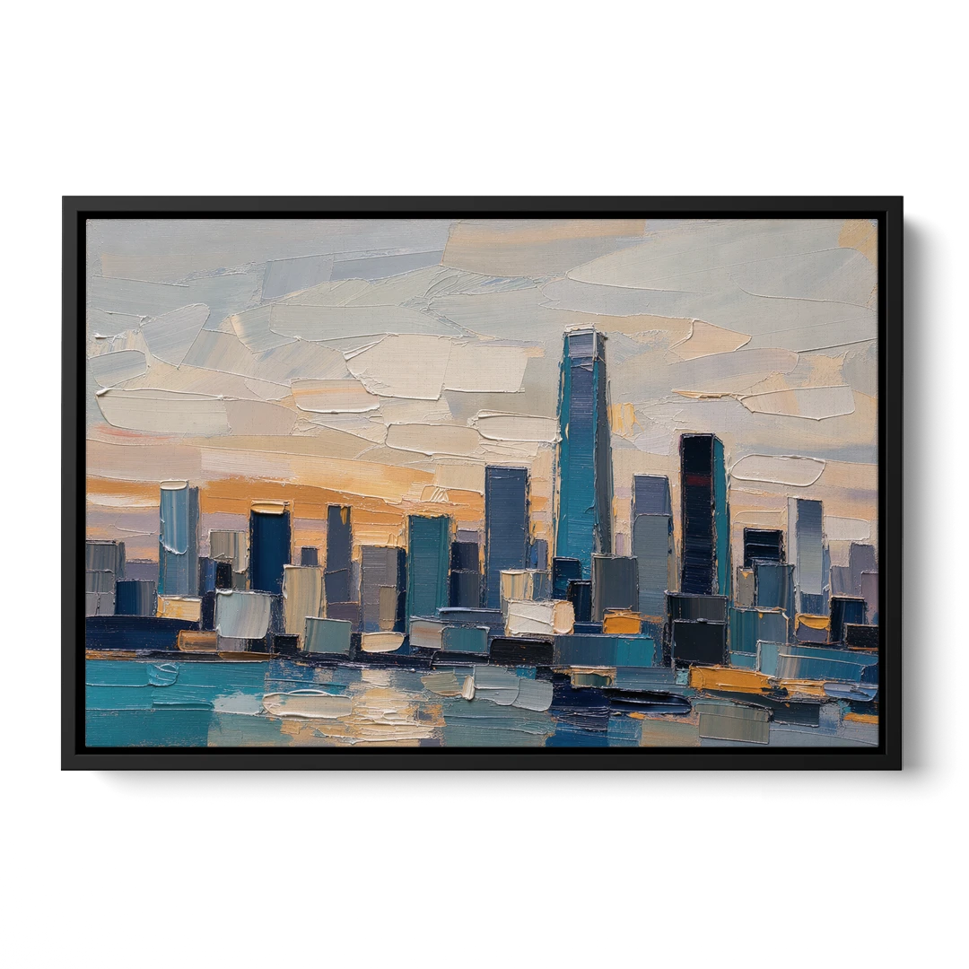 Law Office Wall Art of a Dawn Skyline - Black Framed Canvas Wall Art - Front