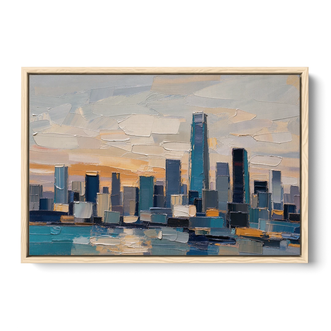 Law Office Wall Art of a Dawn Skyline - Oak Framed Canvas Wall Art - Front