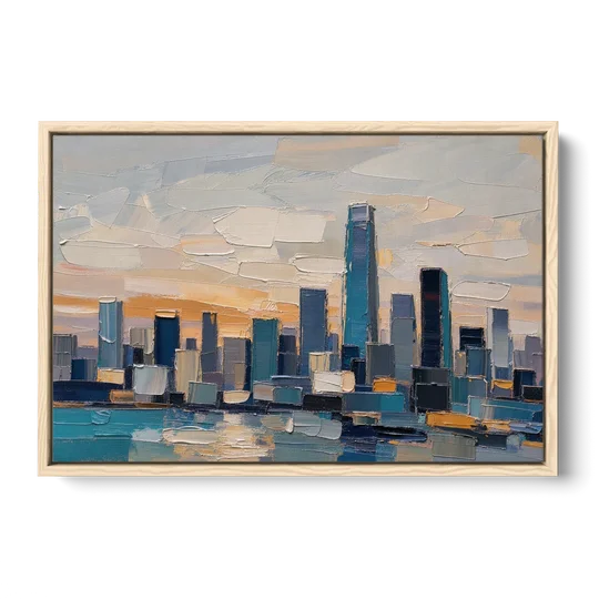 Law Office Wall Art of a Dawn Skyline - Oak Framed Canvas Wall Art - Front