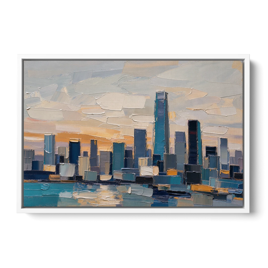 Law Office Wall Art of a Dawn Skyline - White Framed Canvas Wall Art - Front