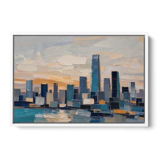 Law Office Wall Art of a Dawn Skyline - White Framed Canvas Wall Art - Front