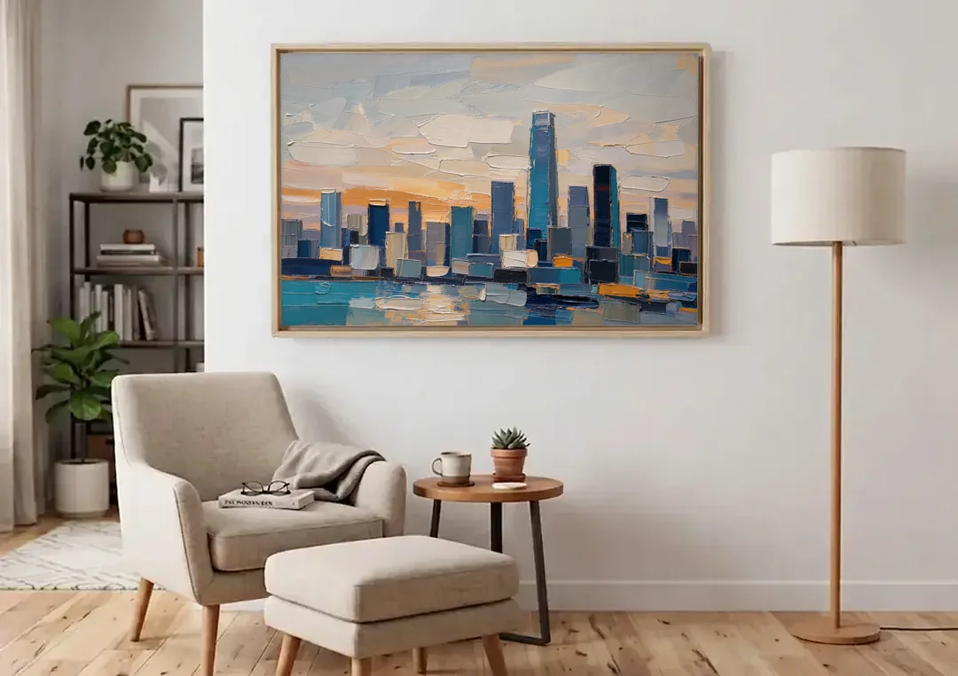 Law Office Wall Art of a Dawn Skyline canvas wall art above an armchair in a bright living room