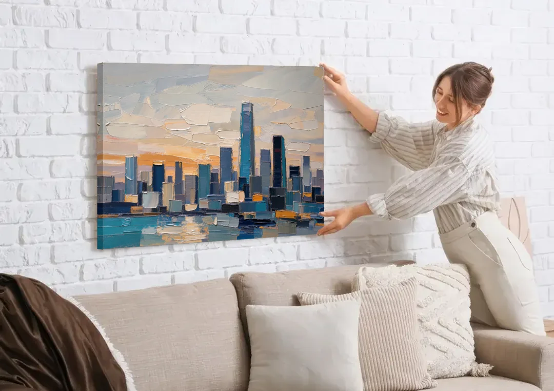 Law Office Wall Art of a Dawn Skyline canvas wall art being hung on a white brick wall above a sofa