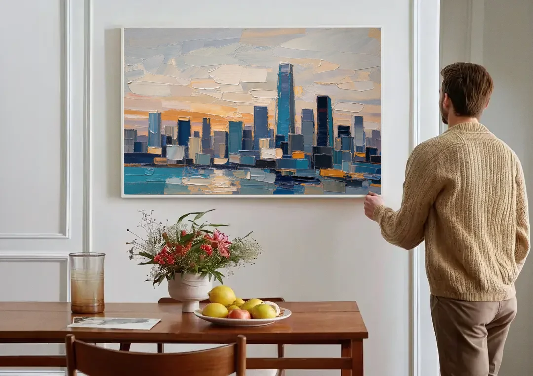 Law Office Wall Art of a Dawn Skyline canvas wall art above a dining table