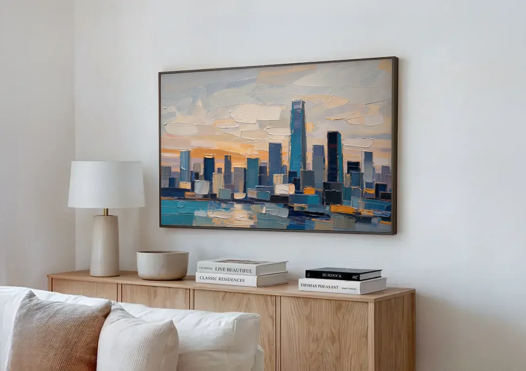 Law Office Wall Art of a Dawn Skyline canvas wall art above a wooden sideboard next to a sofa